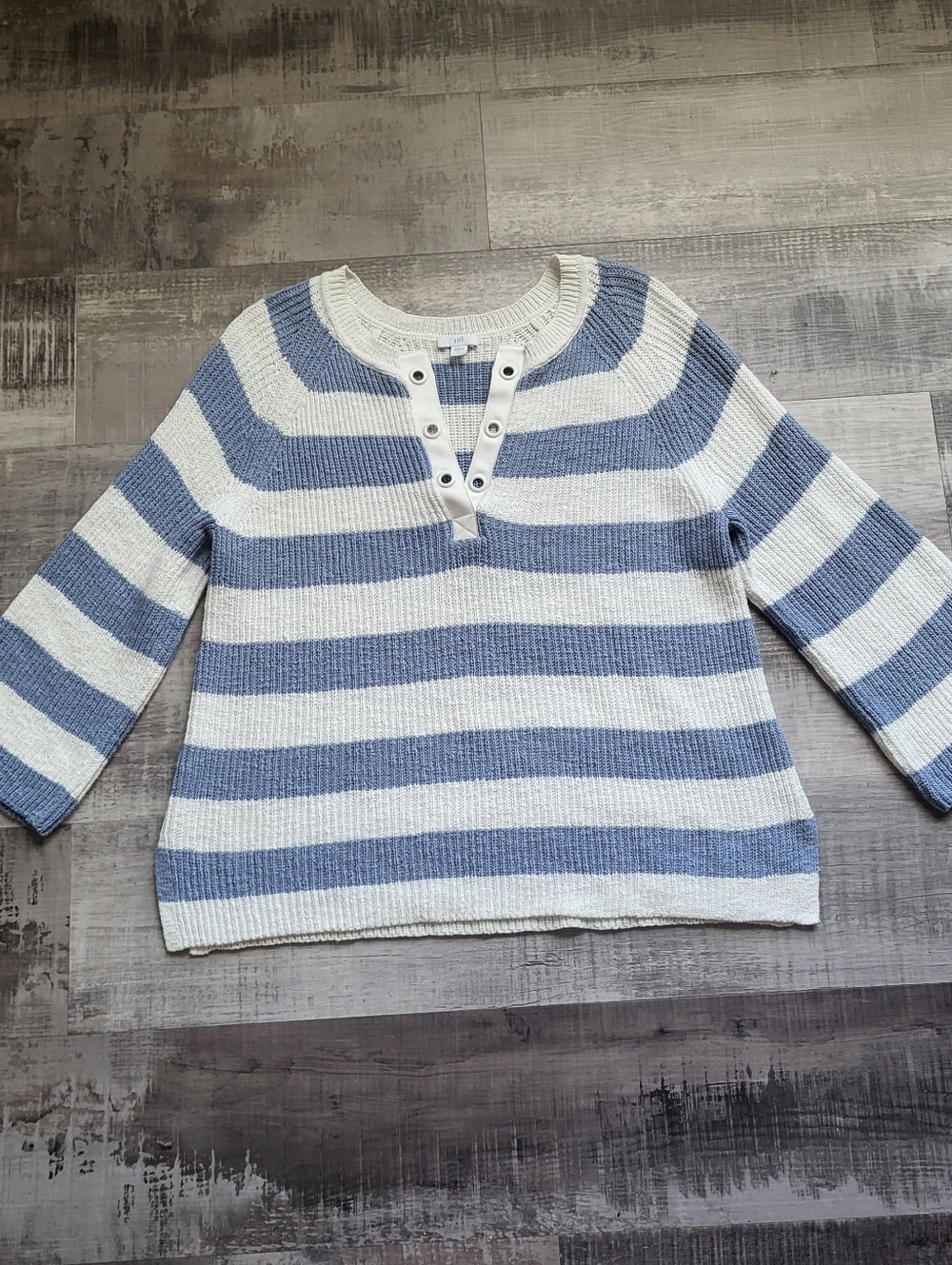 J. Jill Cotton Ribbed Knit Sweater Top Split V-Neck L Beach Nautical Coastal
